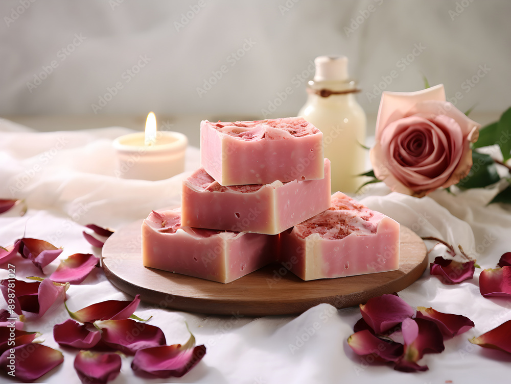 Natural handmade soap bars with roses oil, spa organic product concept Natural handmade soap bars with roses oil, spa organic product concept