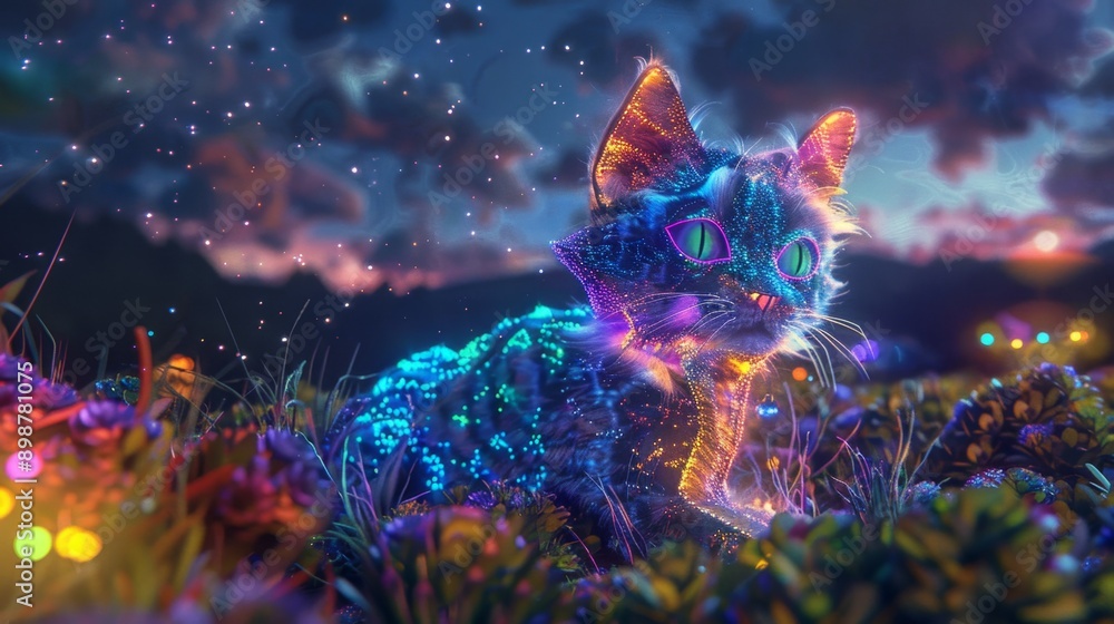 Playful alien mammals with glowing fur and bright eyes, interacting in a vibrant meadow, Playful alien mammals with glowing fur and bright eyes, interacting in a vibrant meadow,