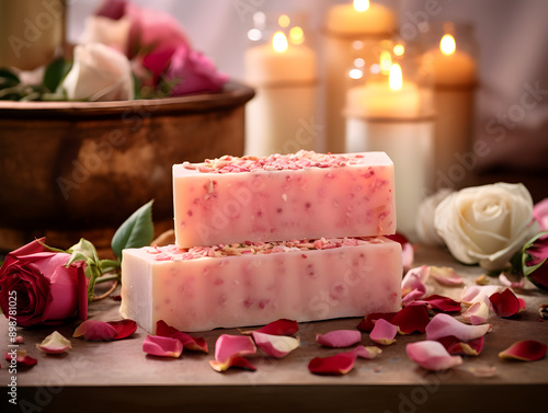 Natural handmade soap bars with roses oil, spa organic product concept 