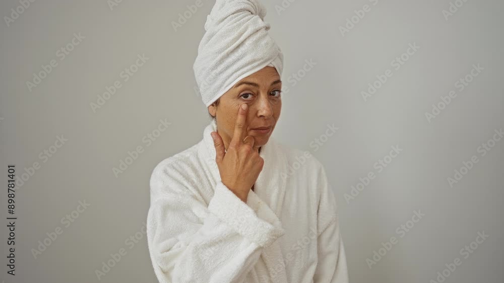 Woman in bathrobe with towel pointing to eye, watching you gesture, suspicious expression over isolated white background - middle age female looking serious and careful Woman in bathrobe with towel pointing to eye, watching you gesture, suspicious expression over isolated white background - middle age female looking serious and careful
