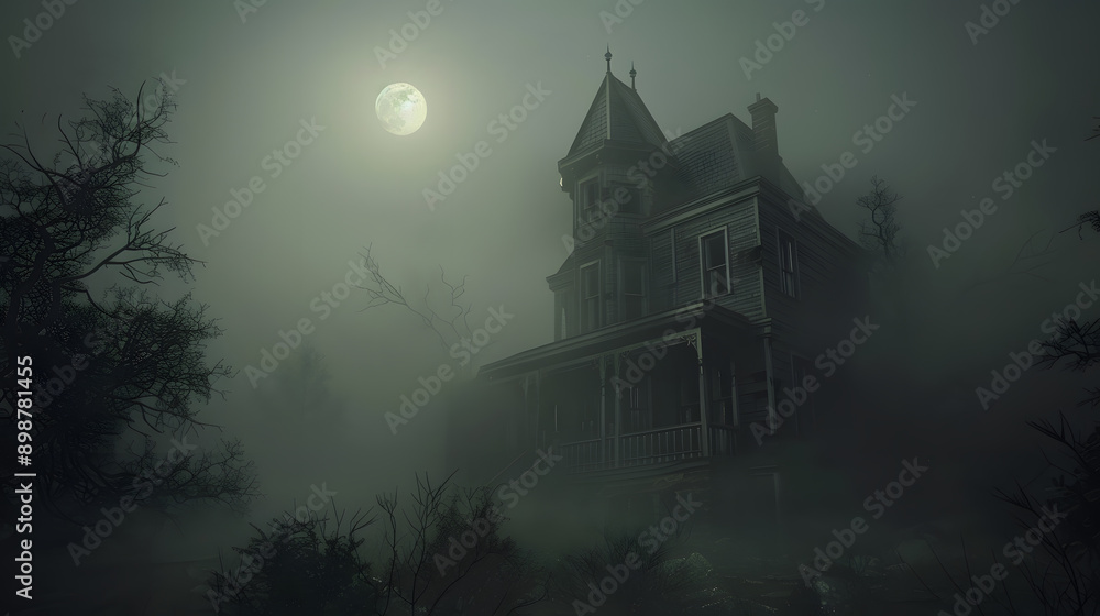 Eerie Abandoned Victorian House Surrounded by Fog Under a Full Moon at Midnight, Halloween, fear, monsters, ghosts, autumn, October, mummy gets up Eerie Abandoned Victorian House Surrounded by Fog Under a Full Moon at Midnight, Halloween, fear, monsters, ghosts, autumn, October, mummy gets up