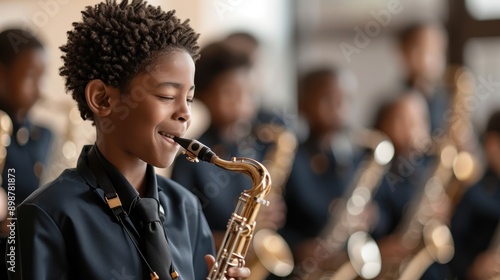 Enthusiastic Students Playing in School Band during After-School Musical Performance photo