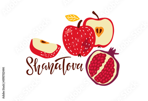 Shana Tova card. Handwritten calligraphy lettering with apple and pomegranate isolated composition. Happy Rosh Hashanah banner. Jewish New Year Holiday. For greeting card, Holiday design, invitation.