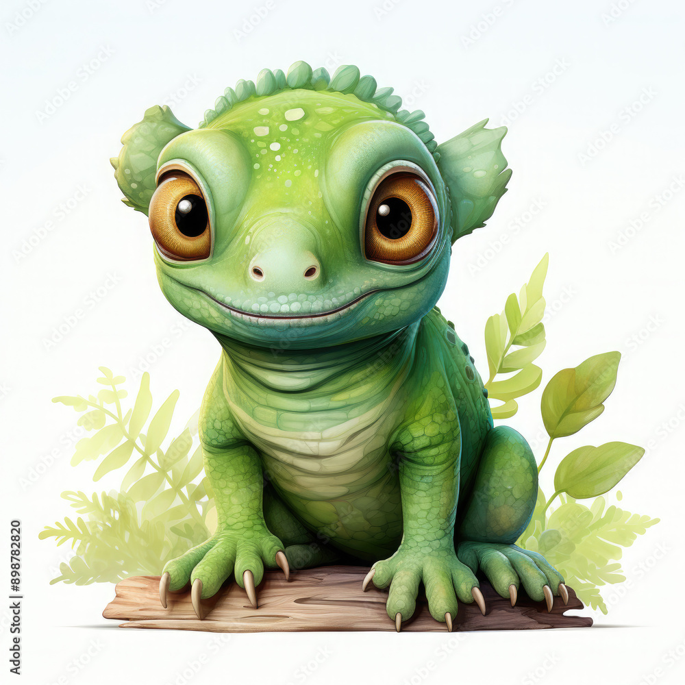 Fototapeta premium Watercolor Green color chameleon close up, clipart Illustration, Generative Ai