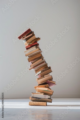 Pile of books stacked unevenly Concept leaning tower of knowledge digital art