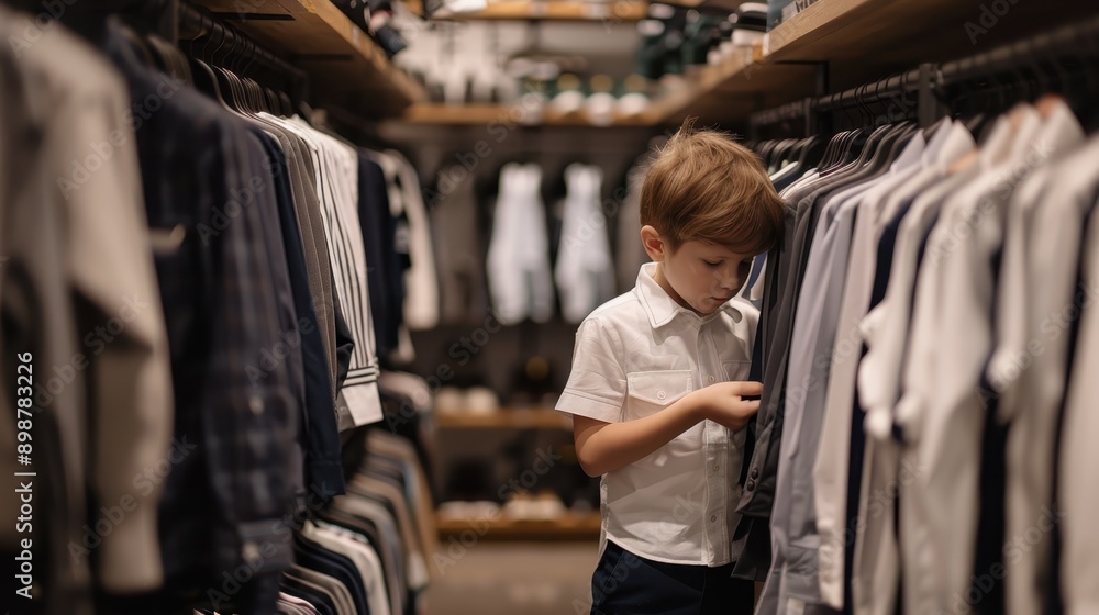 Fototapeta premium Excited Child Trying on New School Uniform in Fitting Room Experience