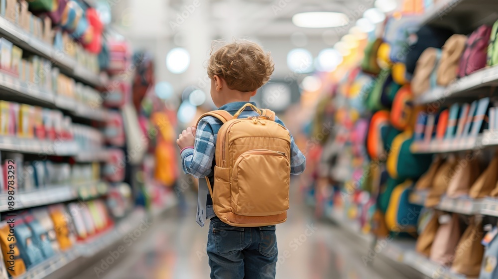 Young Child Excitedly Choosing from a Diverse Range of Backpacks in Back-to-School Store Young Child Excitedly Choosing from a Diverse Range of Backpacks in Back-to-School Store