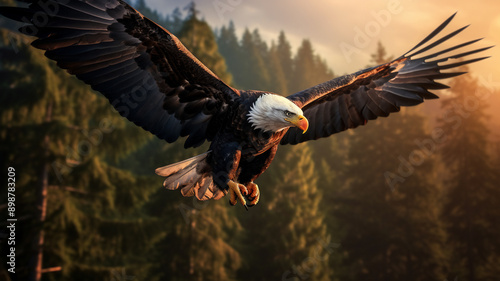 Wallpaper Mural A single bald eagle soaring through the air with a background of forest during sunset  Torontodigital.ca