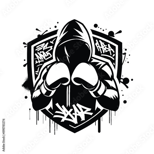 Boxing, Kickboxing   male player in graffiti tags, street art pattern illustration, emblem shield badge