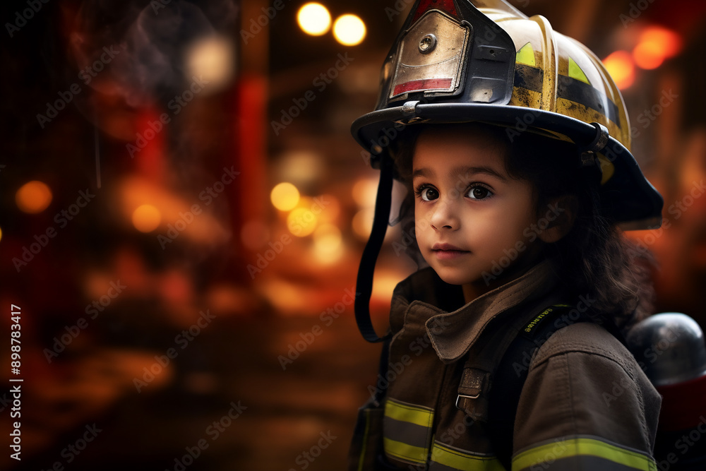 Small Latin and female child wearing a firefighter costume and helmet looking at the camera with a black fire bokeh background Small Latin and female child wearing a firefighter costume and helmet looking at the camera with a black fire bokeh background