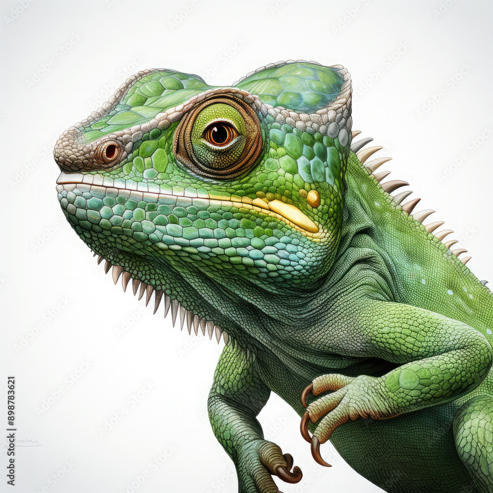 Obraz premium Watercolor Green color chameleon close up, clipart Illustration, Generative Ai