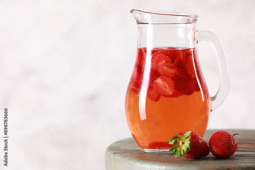 Tasty strawberry lemonade in jug and berries on wooden table against light background, closeup. Space for text