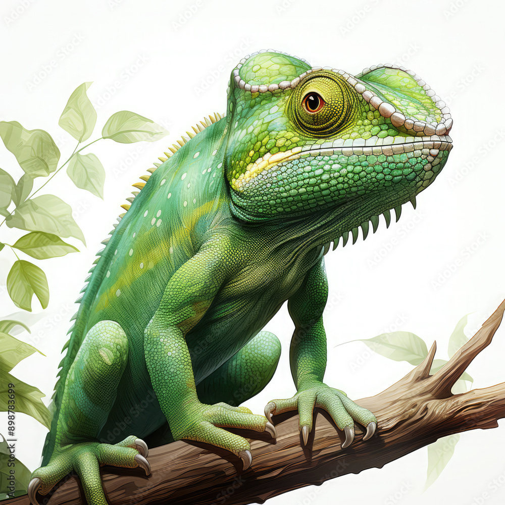 Obraz premium Watercolor Green color chameleon close up, clipart Illustration, Generative Ai