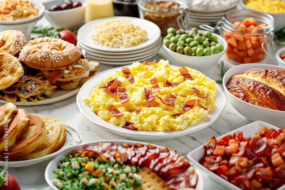 a brunch spread with a variety of dishes, including eggs, bacon, pastries, and fresh fruit a brunch spread with a variety of dishes, including eggs, bacon, pastries, and fresh fruit