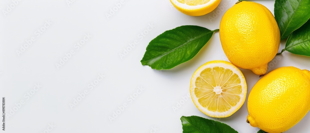 A collection of lemons atop a white table, surrounded by green leaves, with a halved lemon nearby A collection of lemons atop a white table, surrounded by green leaves, with a halved lemon nearby
