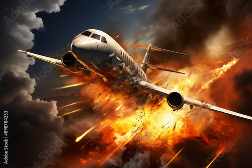 An private jet crashing in mid air with fire smoke and explosions visible behind the airplane seen from above 