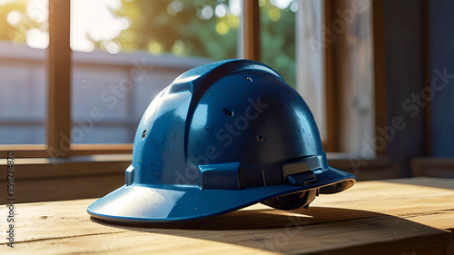 Construction safety concept and safety blue helmet on wooden table with wood and window background. Generative AI