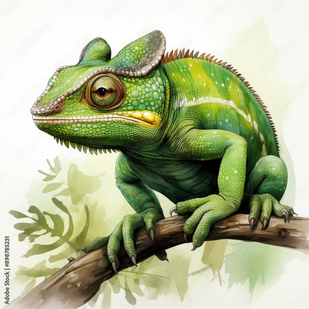 Fototapeta premium Watercolor Green color chameleon close up, clipart Illustration, Generative Ai