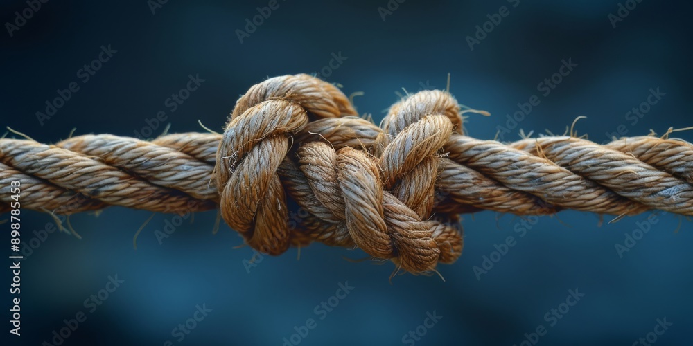 Macro shot of a thick knot tied in a rough rope. Nautical and strength concept Macro shot of a thick knot tied in a rough rope. Nautical and strength concept