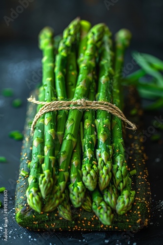 Imagen de espárragos atados con una cuerda muy natural y sano sobre mesa de color oscuro. Comida verde. fotografía gastronómica. photo