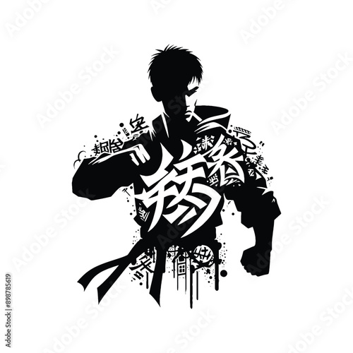 kungfu, Tai Chi  male player in graffiti tags, street art pattern illustration, emblem shield badge