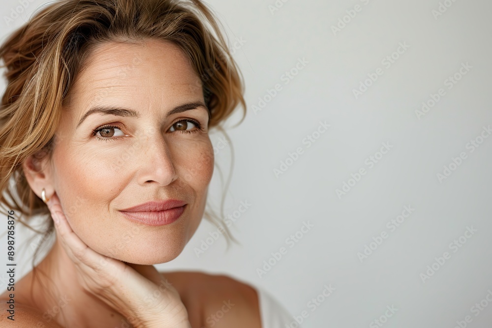 Portrait of confident mature woman on grey background