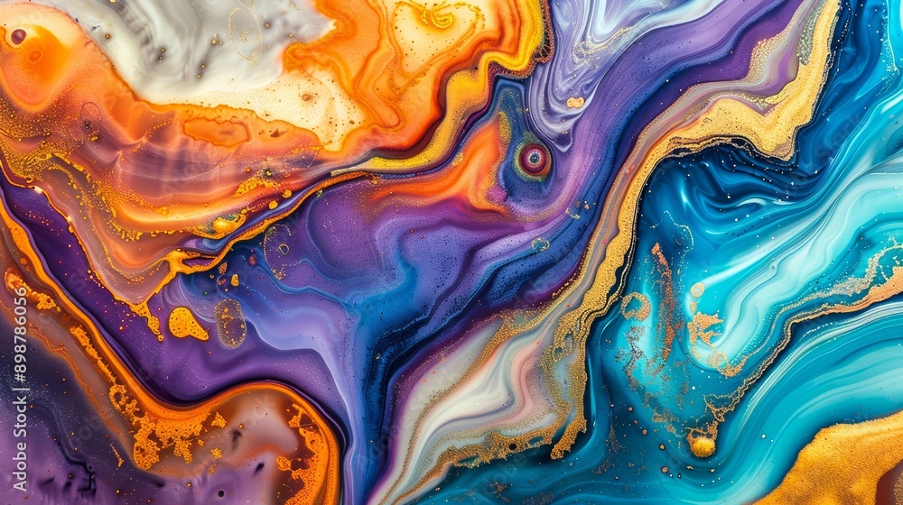 Abstract background resembling a colorful ocean with flowing gold, blue and purple ink Abstract background resembling a colorful ocean with flowing gold, blue and purple ink
