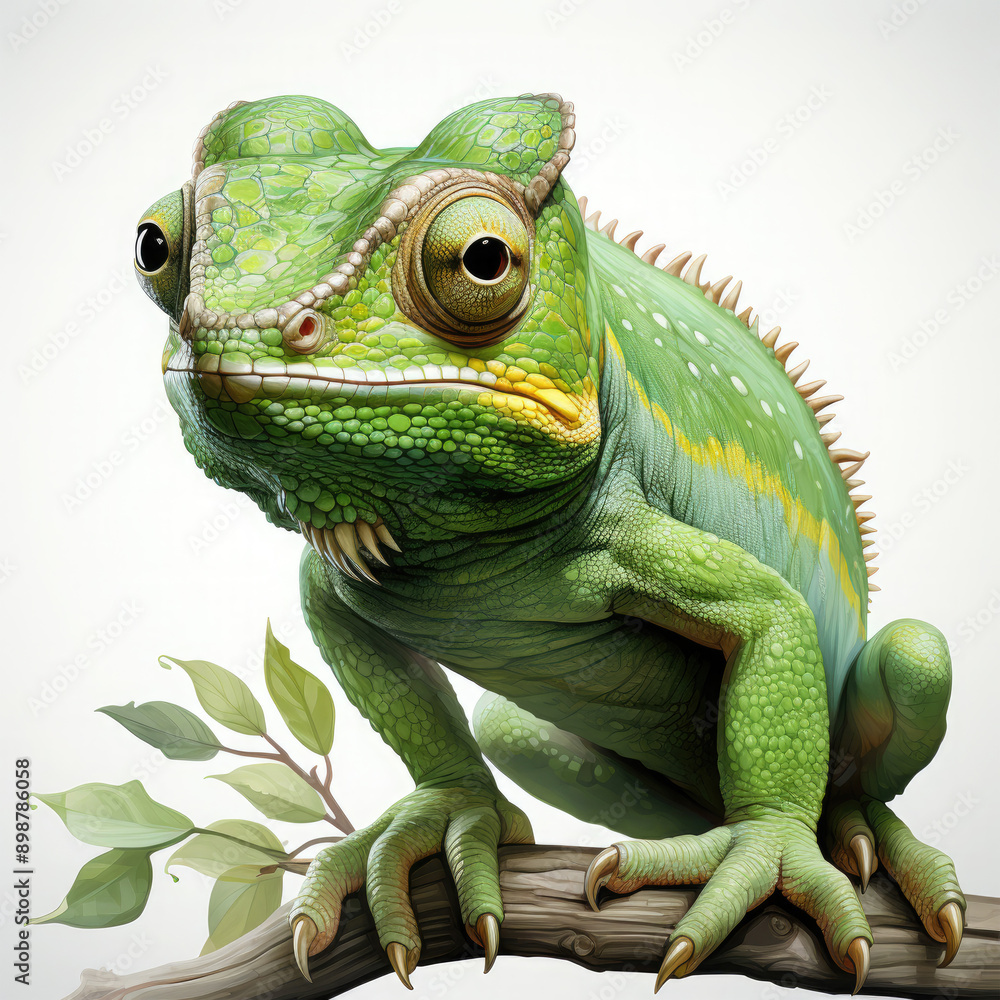 Obraz premium Watercolor Green color chameleon close up, clipart Illustration, Generative Ai