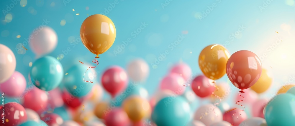 A number of balloons ascending against a backdrop of blue sky, adorned with confetti and streamers below A number of balloons ascending against a backdrop of blue sky, adorned with confetti and streamers below