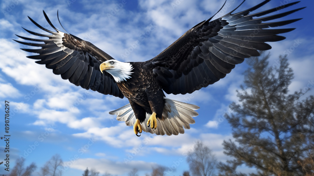 A pair of bald eagle soaring through the air with a background of blue sky during the middle of the day A pair of bald eagle soaring through the air with a background of blue sky during the middle of the day