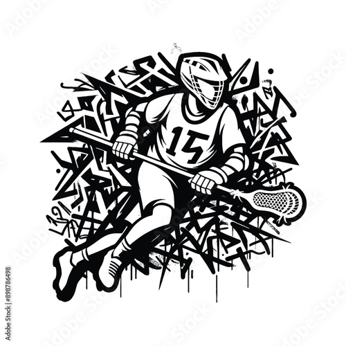 Lacrosse  male player in graffiti tags, street art pattern illustration, emblem shield badge