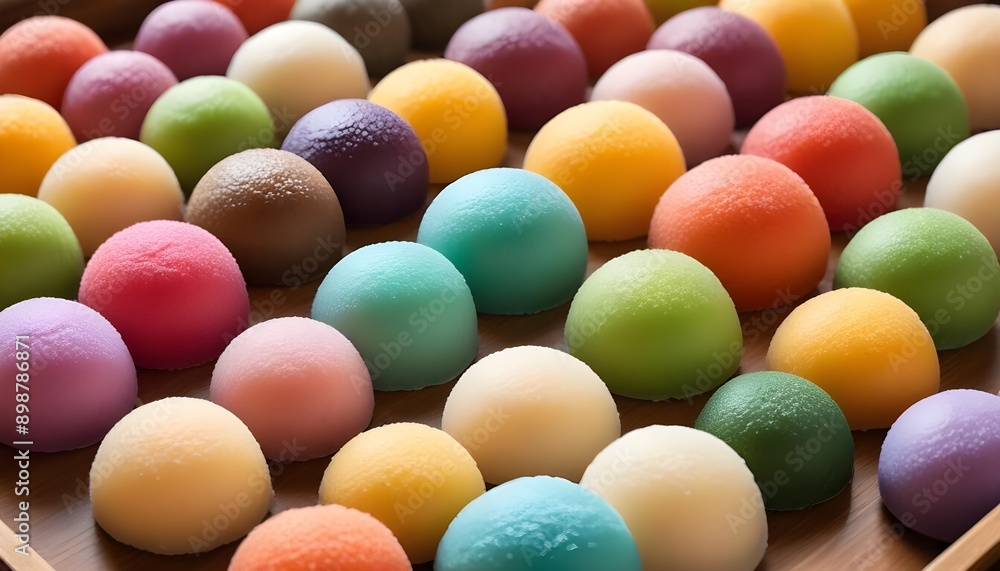 Freshly made, vibrant Japanese mochi desserts with a soft, chewy rice flour dough exterior and a sweet, flavorful filling Freshly made, vibrant Japanese mochi desserts with a soft, chewy rice flour dough exterior and a sweet, flavorful filling