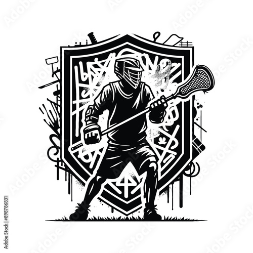 Lacrosse  male player in graffiti tags, street art pattern illustration, emblem shield badge