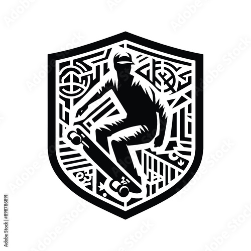 Skateboarding, longboarding  male player in graffiti tags, street art pattern illustration, emblem shield badge