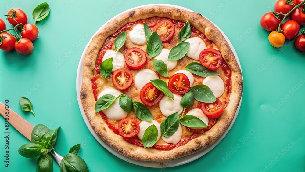 Neapolitan pizza with spices, tomatoes and cheese mozzarella on background. Italian cuisine pizza with mozzarella, tomato sauce, spinach on a thick dough Neapolitan pizza with spices, tomatoes and cheese mozzarella on background. Italian cuisine pizza with mozzarella, tomato sauce, spinach on a thick dough