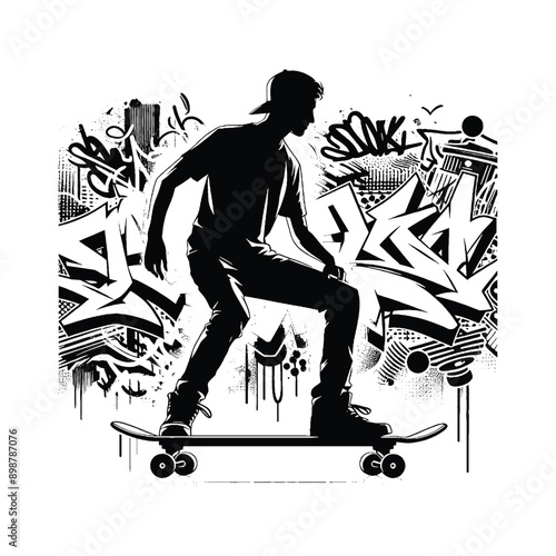 Skateboarding, longboarding  male player in graffiti tags, street art pattern illustration, emblem shield badge