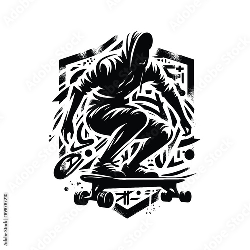 Skateboarding, longboarding  male player in graffiti tags, street art pattern illustration, emblem shield badge