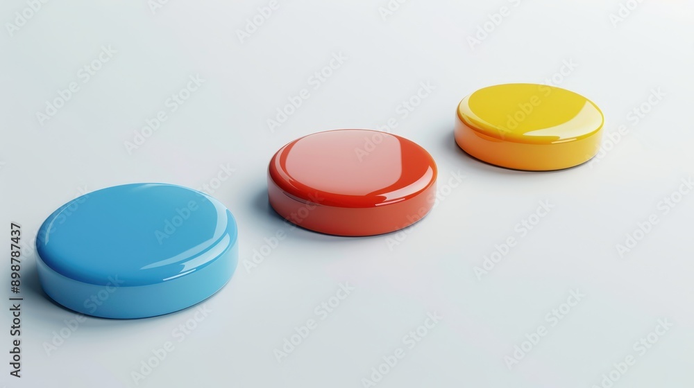 Three glossy, round objects with a reflective surface, placed on a flat, light background Three glossy, round objects with a reflective surface, placed on a flat, light background