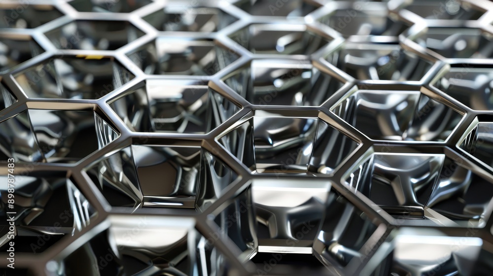Close-up of a metallic honeycomb structure, characterized by its repetitive, hexagonal pattern. The reflective surfaces of the hexagons create a mirror-like effect, capturing Close-up of a metallic honeycomb structure, characterized by its repetitive, hexagonal pattern. The reflective surfaces of the hexagons create a mirror-like effect, capturing