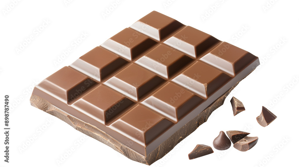 A close-up shot of a milk chocolate bar with broken pieces scattered around it. A close-up shot of a milk chocolate bar with broken pieces scattered around it.