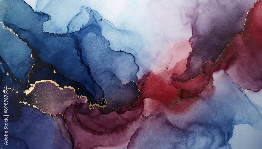 Abstract Fluid Art Composition in Shades of Deep Red and Blue with Gold Accents, Mimicking Flowing Water and Organic Shapes on a Textured Background with Copy Space. Banner USA Flag For Elections