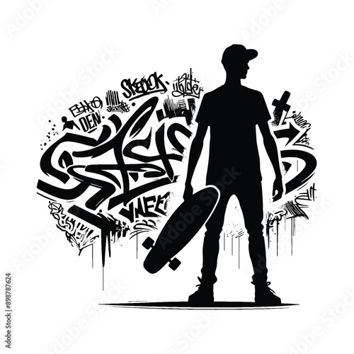 Skateboarding, longboarding  male player in graffiti tags, street art pattern illustration, emblem shield badge