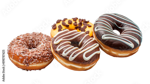 Three delicious donuts with different toppings: chocolate, white chocolate, and sprinkles.