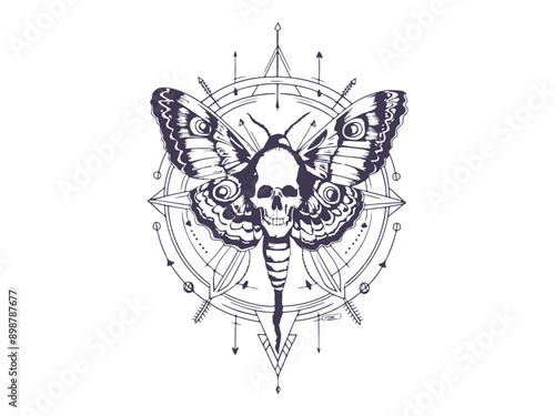 Mystic Celestial Moth. Magic Moon, Vertical Tattoo sketch Silhouette.
