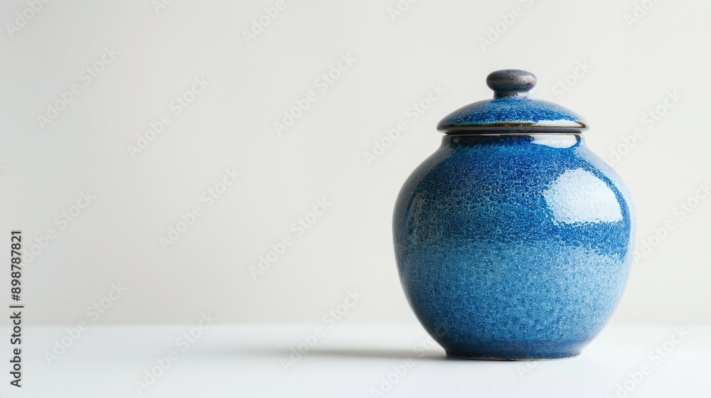 Blue ceramic jar on white background with space for text Blue ceramic jar on white background with space for text