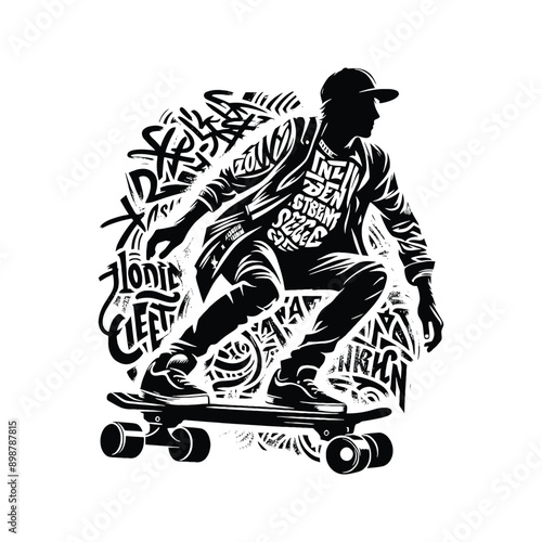 Skateboarding, longboarding  male player in graffiti tags, street art pattern illustration, emblem shield badge