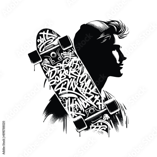 Skateboarding, longboarding  male player in graffiti tags, street art pattern illustration, emblem shield badge