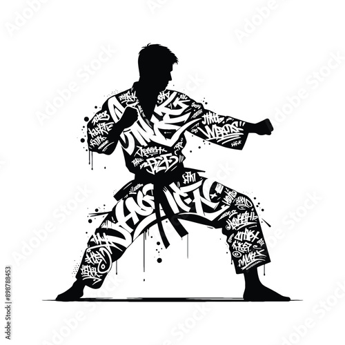 Judo , martial art ,  Karate , Taekwondo  male player in graffiti tags, street art pattern illustration, emblem shield badge