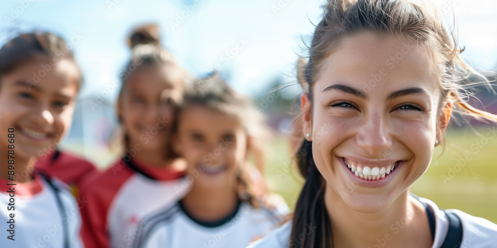 Mädchen im Trikot steht mit ihrer Mannschaft auf dem Sportplatz Mädchen im Trikot steht mit ihrer Mannschaft auf dem Sportplatz