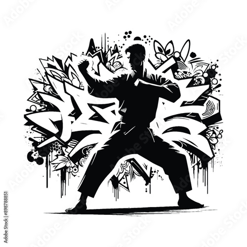 Judo , martial art ,  Karate , Taekwondo  male player in graffiti tags, street art pattern illustration, emblem shield badge